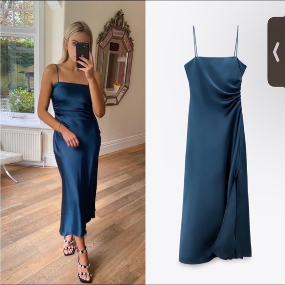 NWT Zara Satin Effect Midnight Blue Slip MIDI Dress - Picture 3 of 6